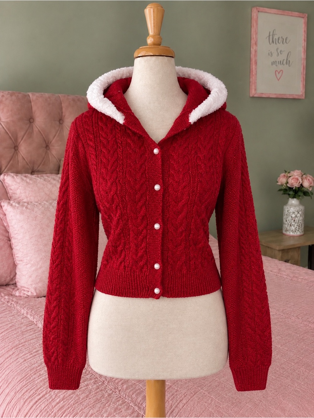 & Other Stories Red Cable Knit Hooded Jacket with White Faux Sherpa Trim
